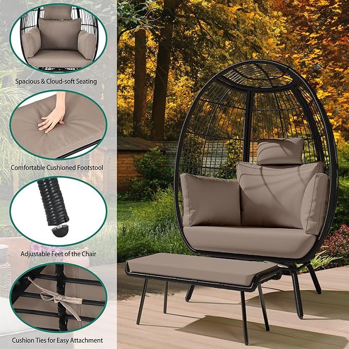 Wavising Wicker Egg Chair mit Ottomane Outdoor Indoor Oversized Lounger mit Ständer, Kissen, Egg Basket Chair für Patio Backyard Porch - Brown & Black