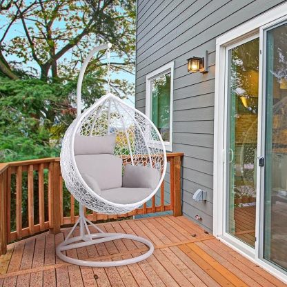 Wavising Garten Schaukel Stuhl, Patio Schaukel Stuhl im Freien hängende Hängematte mit Stand Indoor Rattan Stuhl mit Kissen und Abdeckung, weiß