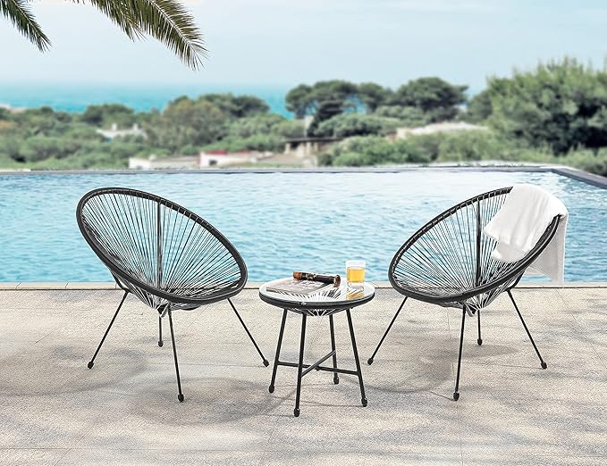 Wavising Schwarzes Ei Form Conversational Gartenmöbel Bistro Patio Outdoor Set Für Balkone Gärten Terrassen 2 Stühle 1 Glasplatte Tisch