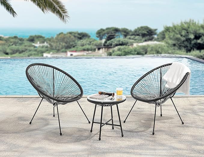 Wavising Schwarzes Ei Form Conversational Gartenmöbel Bistro Patio Outdoor Set Für Balkone Gärten Terrassen 2 Stühle 1 Glasplatte Tisch