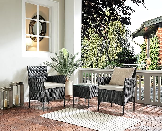 Wavising Rattan Garten Gartenmöbel Set 3 Stück Patio Konversation Sets PE Wicker 2 Sofa Stühle mit Kissen und Couchtisch für Poolside Hinterhof Balkon, schwarz