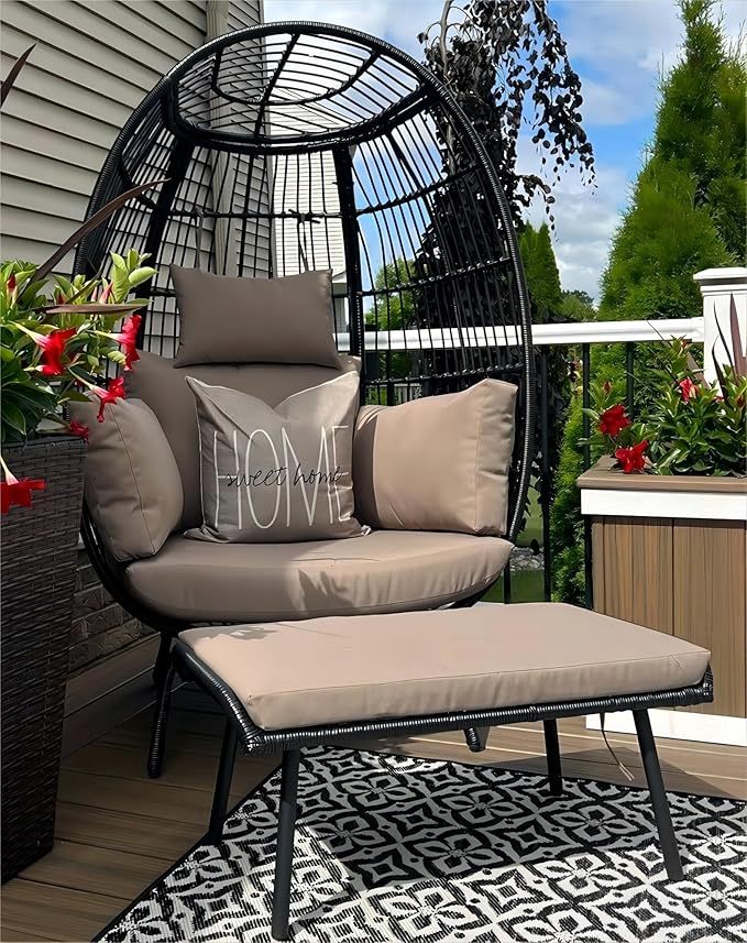 Wavising Wicker Egg Chair mit Ottomane Outdoor Indoor Oversized Lounger mit Ständer, Kissen, Egg Basket Chair für Patio Backyard Porch - Brown & Black
