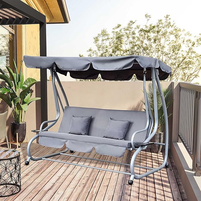 Wavising 2-in-1 Garten-Schaukelsitz-Bett, 3-Sitzer-Convertible-Schaukelstuhl-Bank mit kippbarem Vordach, gepolstertem Sitz und 2 Kissen für Terrasse, Hof, grau