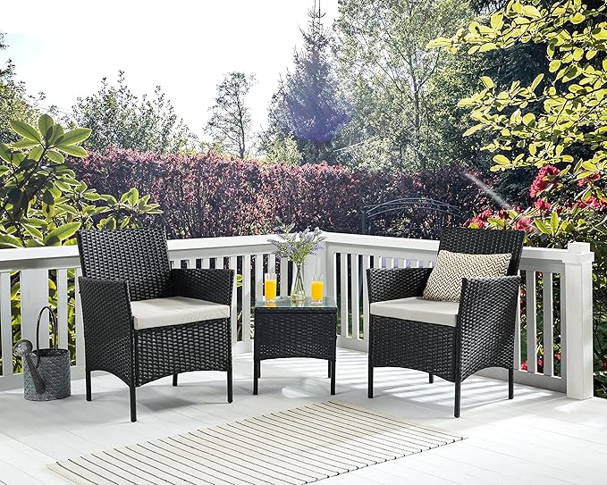 Wavising Rattan Garten Gartenmöbel Set 3 Stück Patio Konversation Sets PE Wicker 2 Sofa Stühle mit Kissen und Couchtisch für Poolside Hinterhof Balkon, schwarz