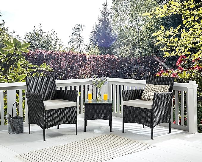 Wavising Rattan Garten Gartenmöbel Set 3 Stück Patio Konversation Sets PE Wicker 2 Sofa Stühle mit Kissen und Couchtisch für Poolside Hinterhof Balkon, schwarz