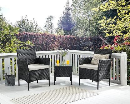 Wavising Rattan Garten Gartenmöbel Set 3 Stück Patio Konversation Sets PE Wicker 2 Sofa Stühle mit Kissen und Couchtisch für Poolside Hinterhof Balkon, schwarz
