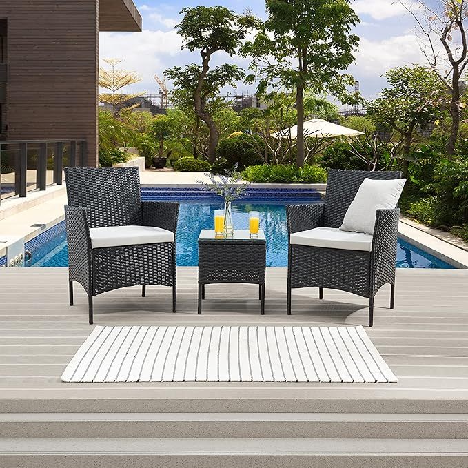 Wavising Rattan Garten Gartenmöbel Set 3 Stück Patio Konversation Sets PE Wicker 2 Sofa Stühle mit Kissen und Couchtisch für Poolside Hinterhof Balkon, schwarz