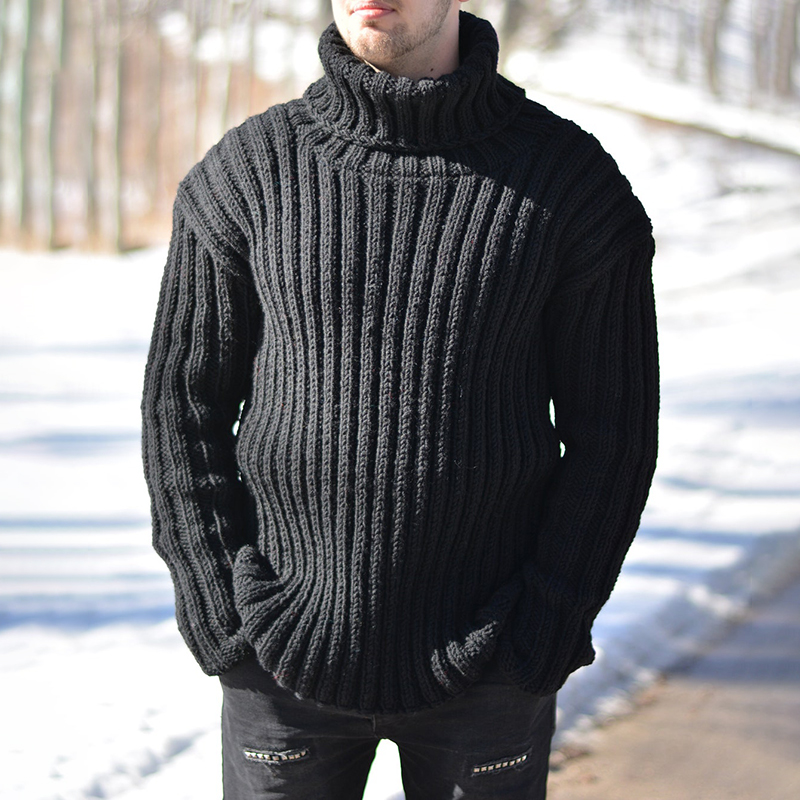 High Collar Solid Color Pit Strip Chunky Wool Sweater-ABOXUN