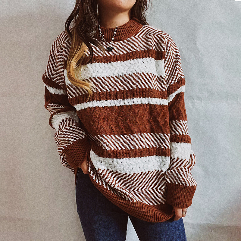 Irregular Stripe Colorblock Crewneck Long Sleeve Sweater-ABOXUN