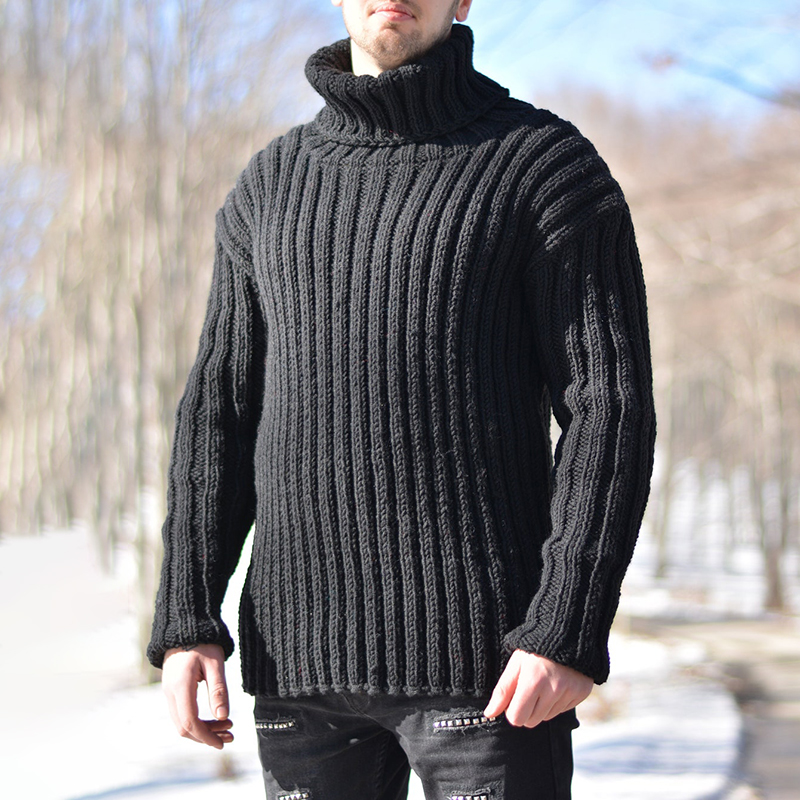 High Collar Solid Color Pit Strip Chunky Wool Sweater-ABOXUN