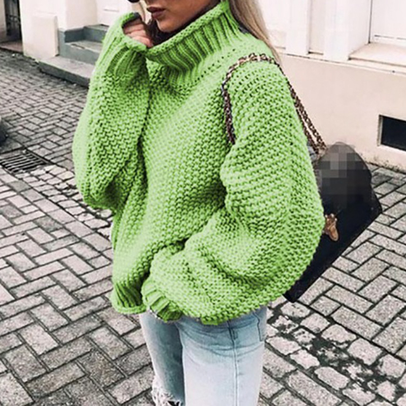 Chunky Half Turtleneck Doll Sleeve Loose Sweater-ABOXUN