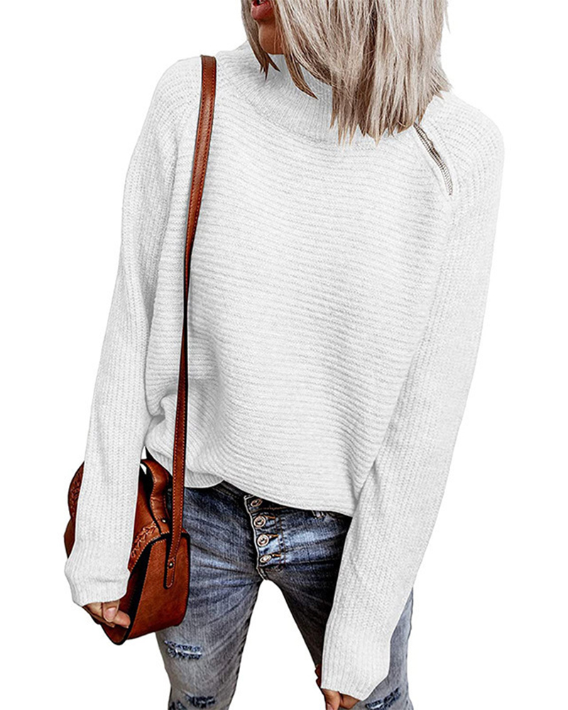 Pure Color Zipper Knitted Sweater-ABOXUN