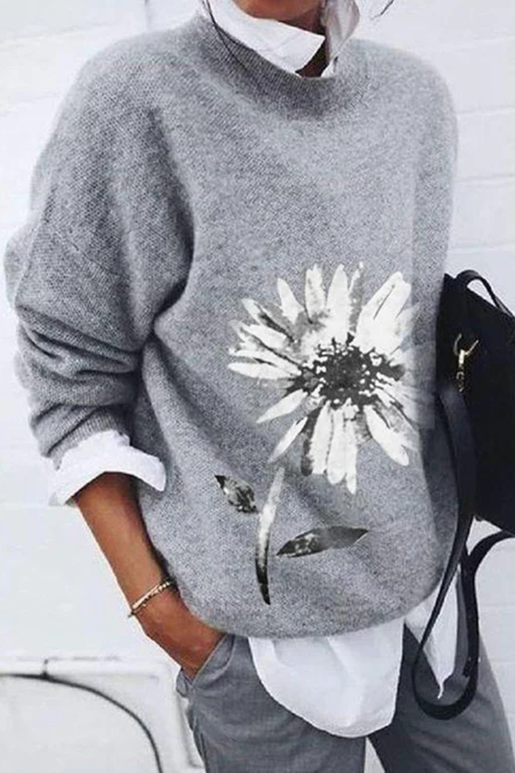Casual Daisy Jacquard Long Sleeve Crewneck Sweater-ABOXUN