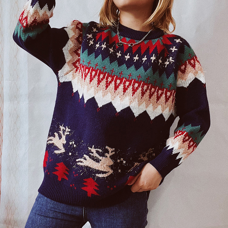 Vintage Christmas Totem Long Sleeve Sweater-ABOXUN