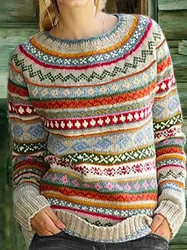 Vintage Ethnic Pattern Crew Neck Sweater-ABOXUN