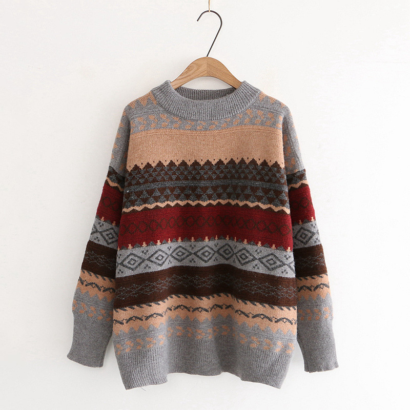 Vintage Geometric Loose Long Sleeve Pullover Sweater-ABOXUN