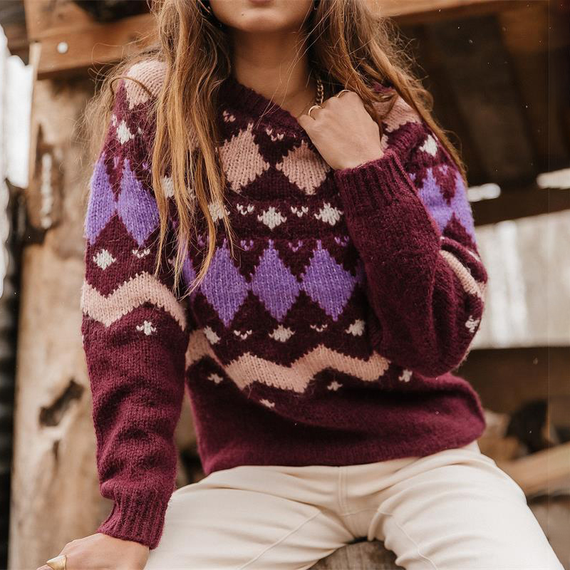 Fellman Island Geometric Contrast Loose Crewneck Sweater-ABOXUN