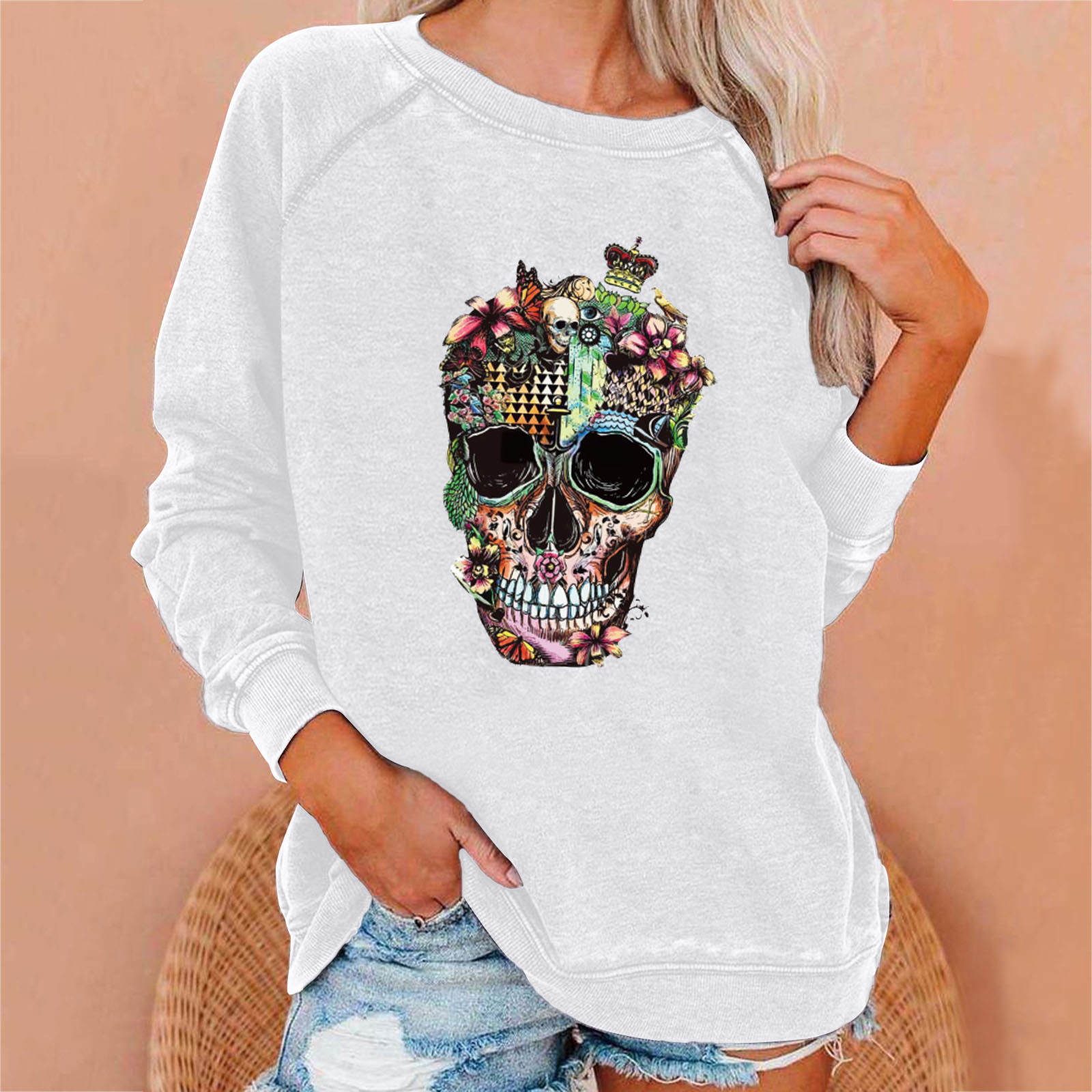Halloween skull print round neck loose sweater women-ABOXUN