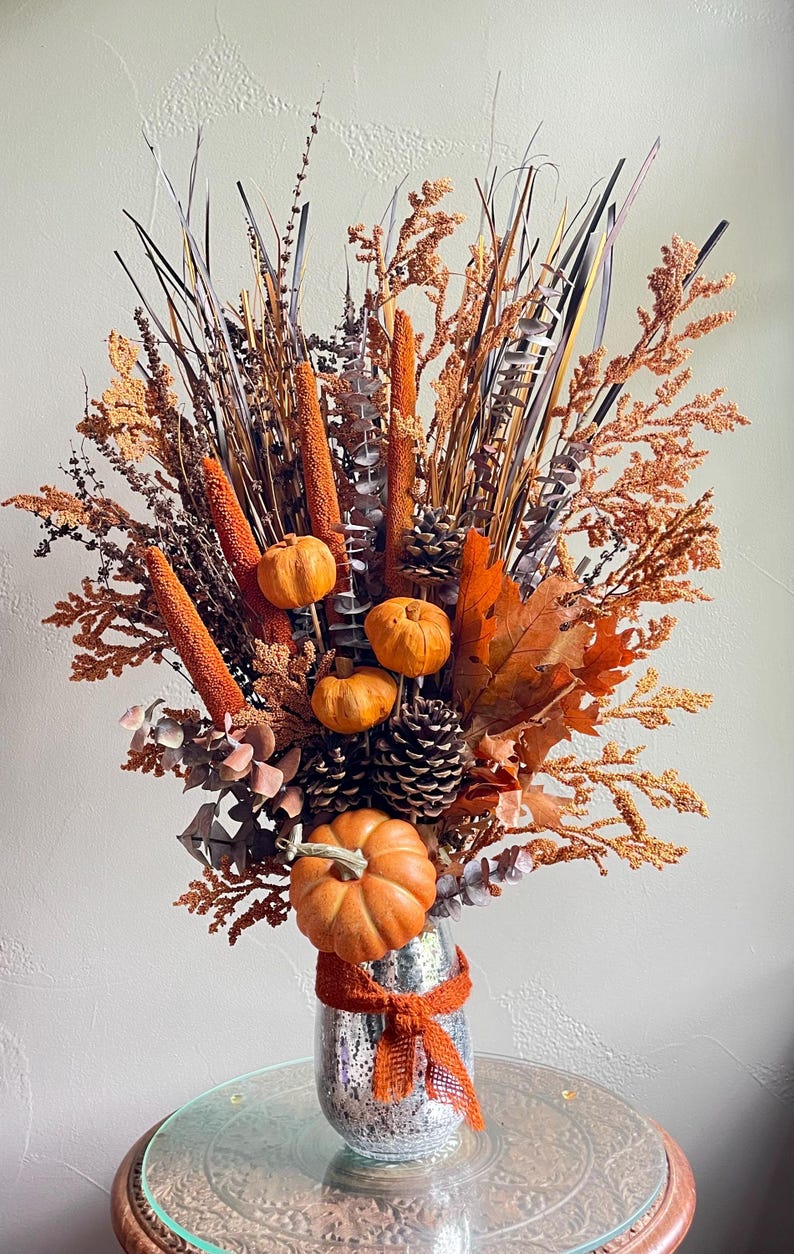 Autumn Pumpkin & Pinecone Arrangement in Silver Vase - Fall Wedding Centerpiece, Elegant Halloween or Thanksgiving Decor image 1