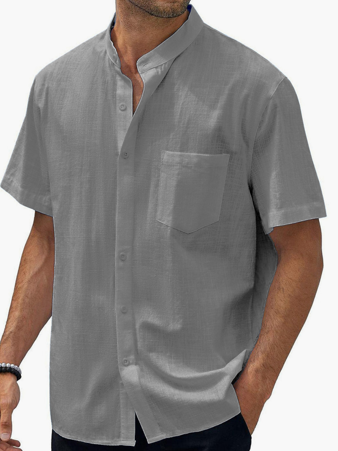 Men's Hawaiian Casual Beach Stand Collar Pocket Short Sleeves Shirt