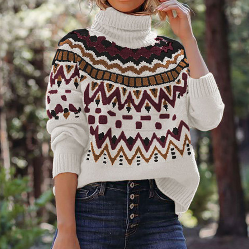 Vintage Striped Panel Contrast Turtleneck Sweater-ABOXUN