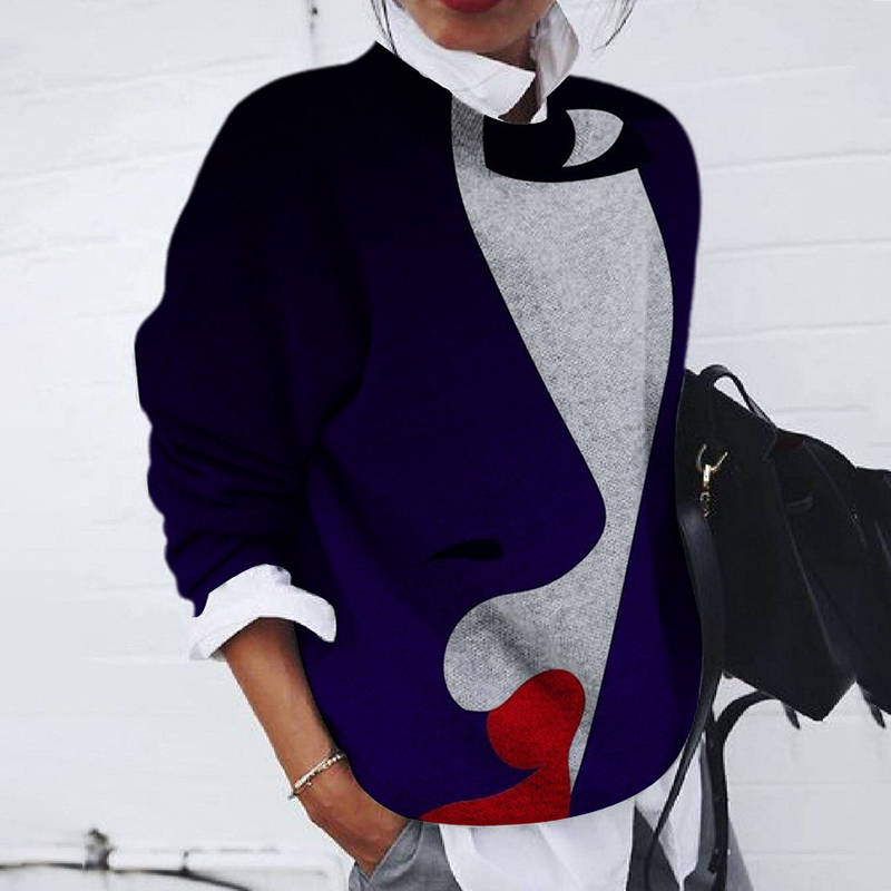 Fashion Brushed Portrait Print Loose Long Sleeve Top-ABOXUN