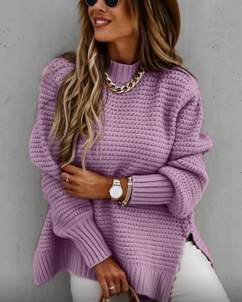 Long-sleeved Thick Needle Side Slit Knit Sweater-ABOXUN