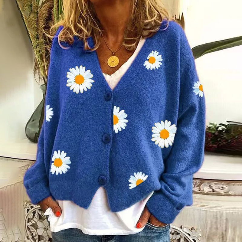 Vintage Single-Breasted Daisy Jacquard Sweater Cardigan-ABOXUN