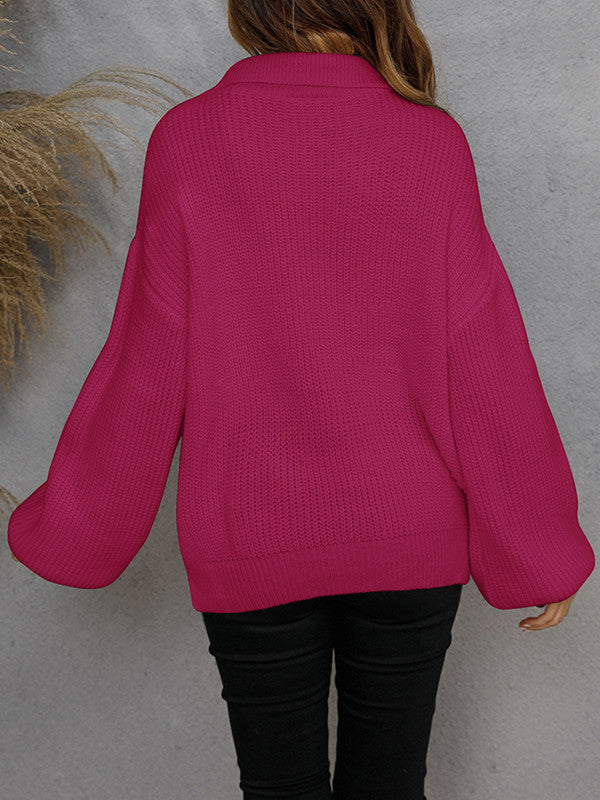 Pullover Zip Knit Lapel Solid Sweater-ABOXUN