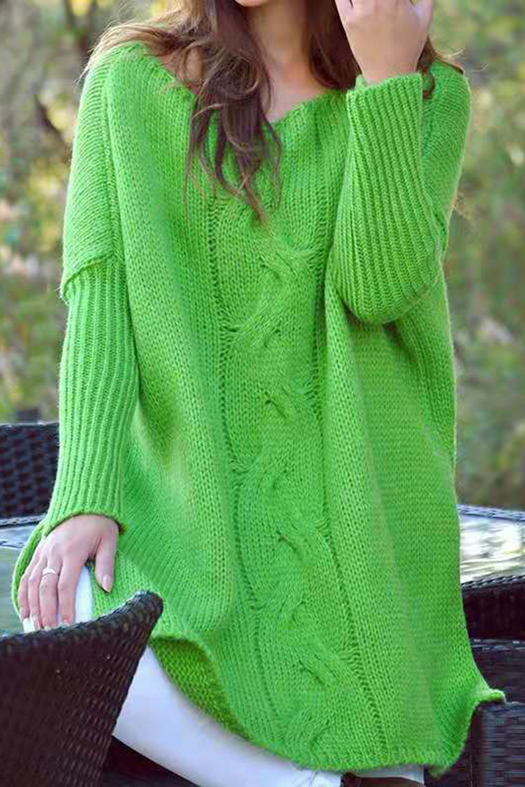 Crew Neck Loose Hem Slit Long Sleeve Knit Sweater-ABOXUN