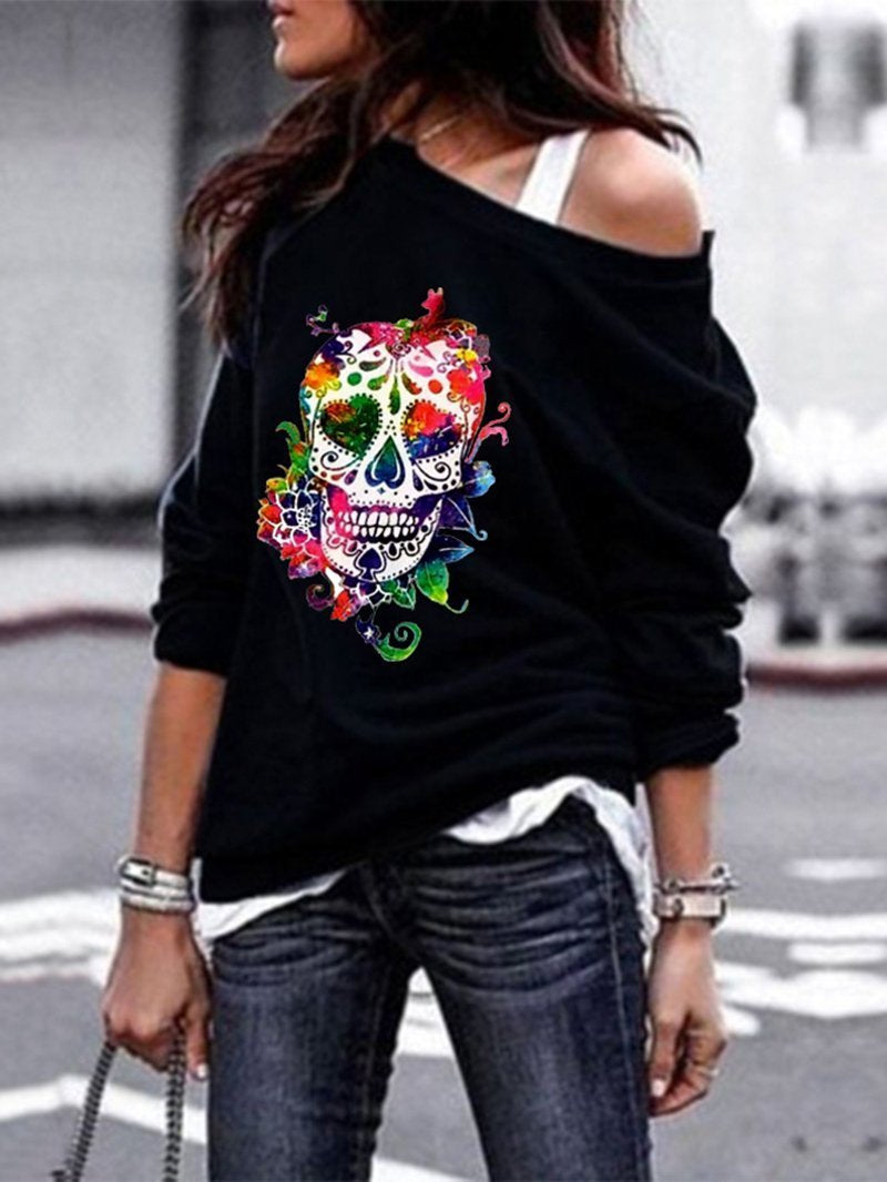 Round neck sweater women's skull print Halloween blouse-ABOXUN