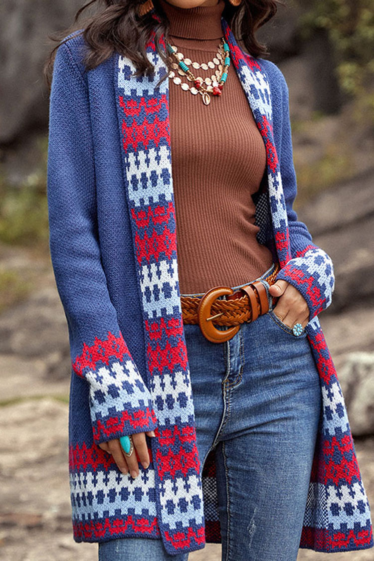 Vintage Contrast Jacquard Sweater Cardigan-ABOXUN