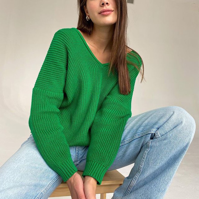 V-Neck Pullover Pit Strip Loose Sweater-ABOXUN