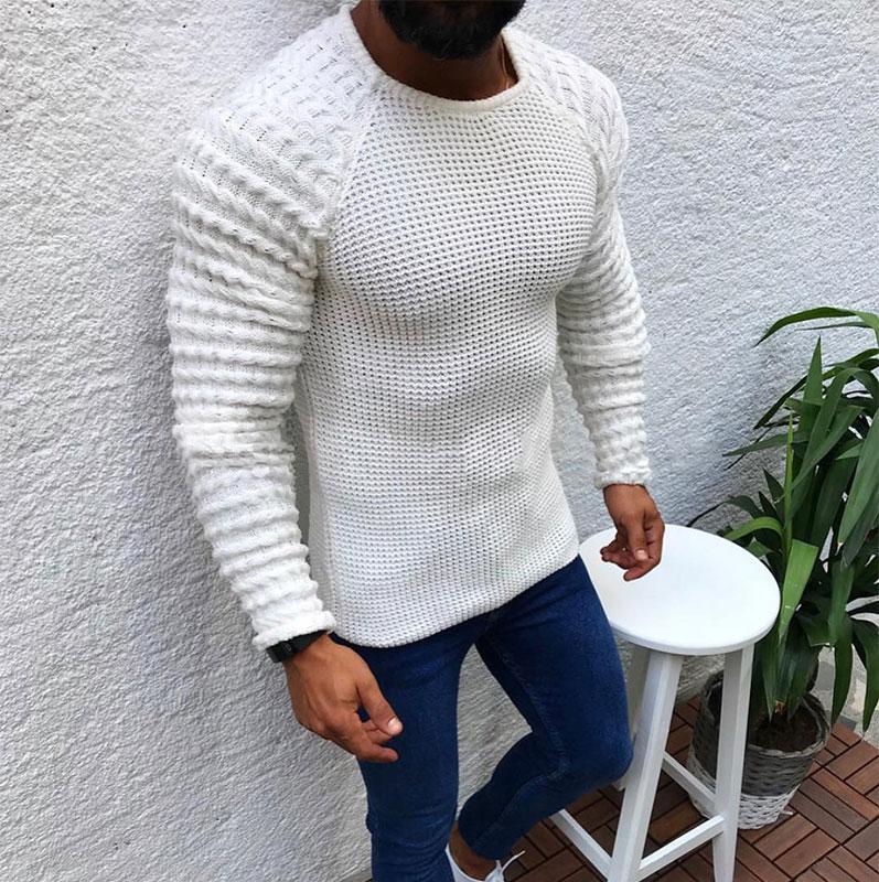 Men Solid Color Knitted Round Neck Sweater-ABOXUN