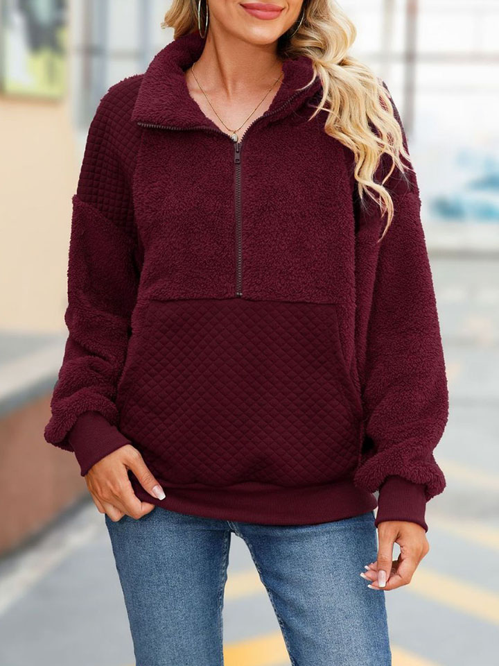 Pullover Zipper Mid-Length Solid Color Plush Patchwork Sweatshirt-ABOXUN