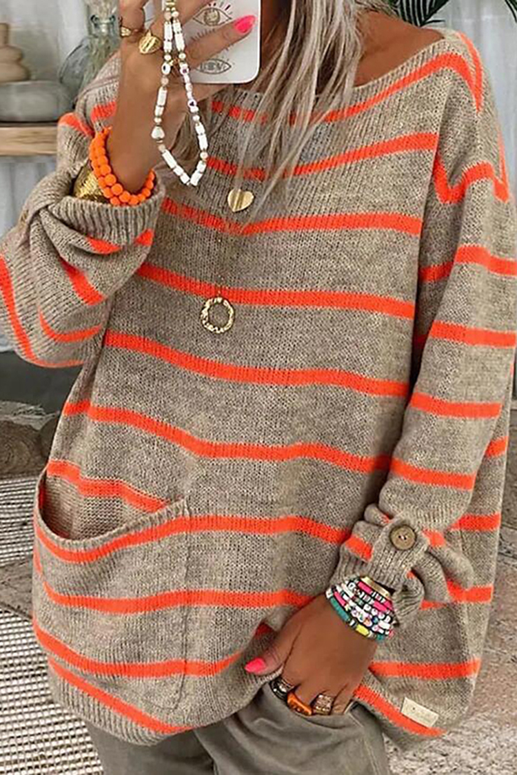 Contrast Stripe Pullover Crewneck Loose Sweater-ABOXUN