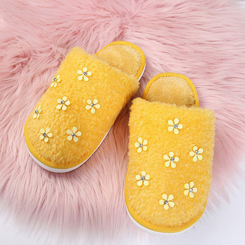 Rhinestone Flower Decorated Fluffy Closed Toe Flat Cotton Slippers-ABOXUN