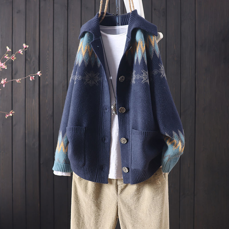 Vintage Icelandic Jacquard Sweater Lapel Cardigan-ABOXUN