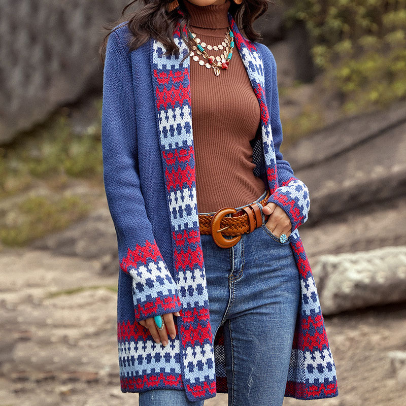 Vintage Contrast Jacquard Sweater Cardigan-ABOXUN