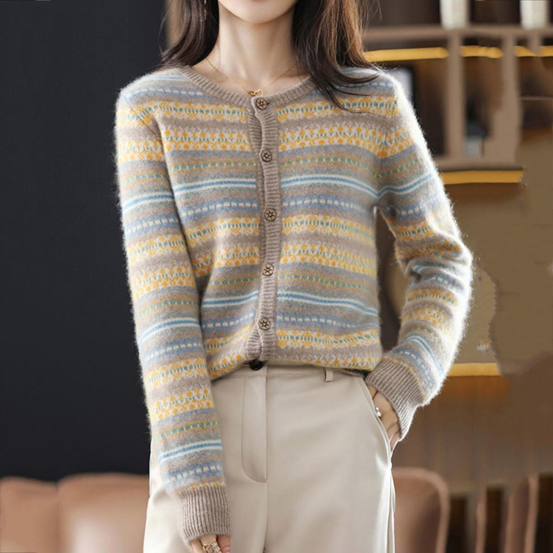 Vintage Colorblock Striped Jacquard Cardigan Sweater-ABOXUN