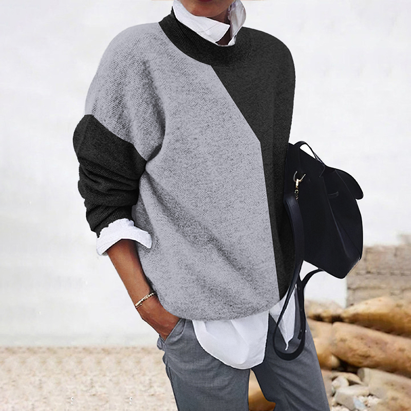 Round Neck Patchwork Color Block Contrast Top-ABOXUN