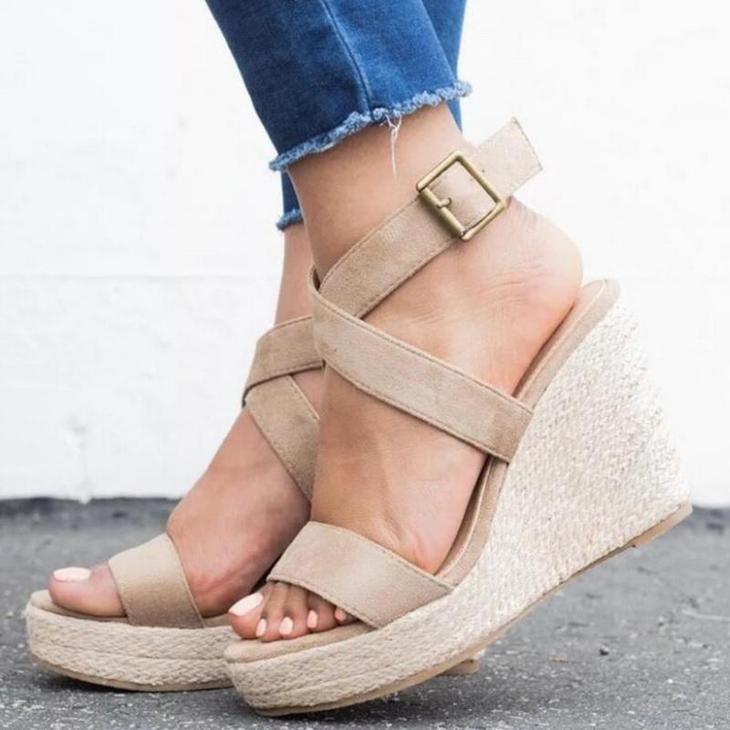 Woman Wedge Sandals  Summer Pumps Cross-tied High Heels Platform Shoes-ABOXUN