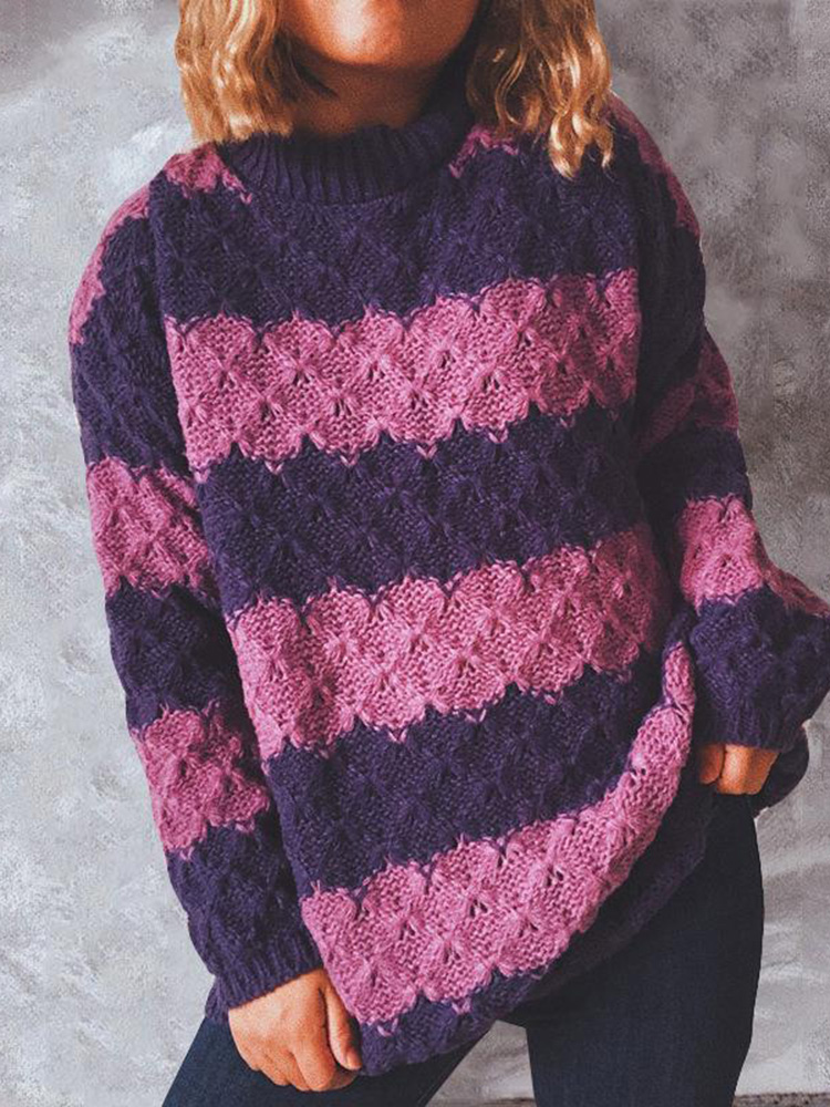 Rhombus Contrast Stripe Patchwork Loose Casual Sweater-ABOXUN