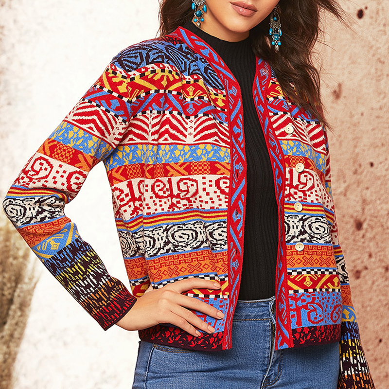 Ethnic Print Long Sleeve Casual Knit Cardigan-ABOXUN