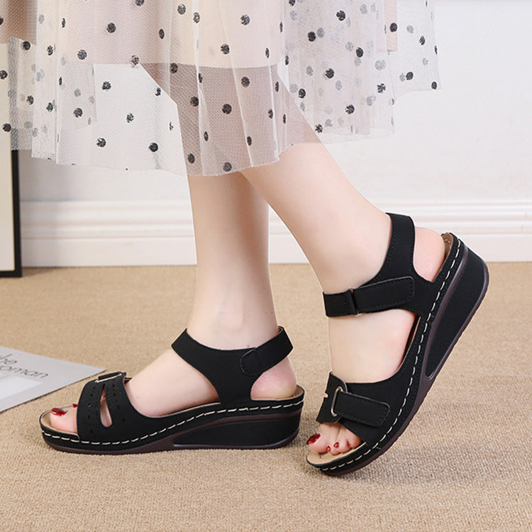 2022 New Casual Round Toe Velcro Mid Heel Women Wedge Sandals-ABOXUN
