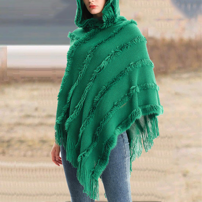 Vintage Solid Fringed Hooded Sweater Pullover Shawl-ABOXUN