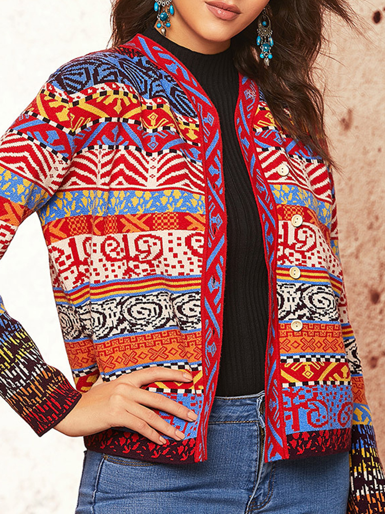 Ethnic Print Long Sleeve Casual Knit Cardigan-ABOXUN