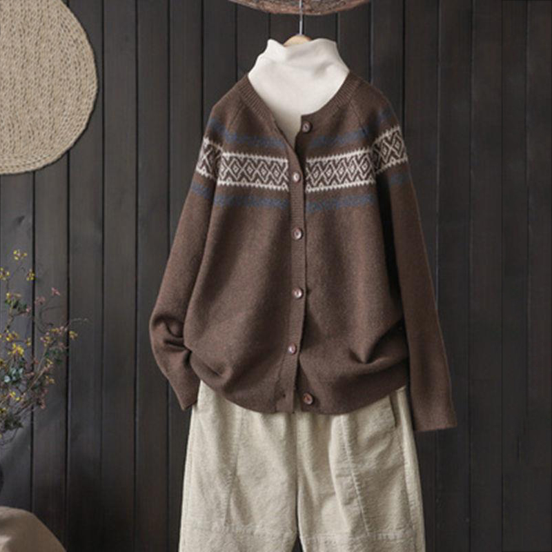 Vintage Loose Jacquard Versatile Sweater Cardigan-ABOXUN