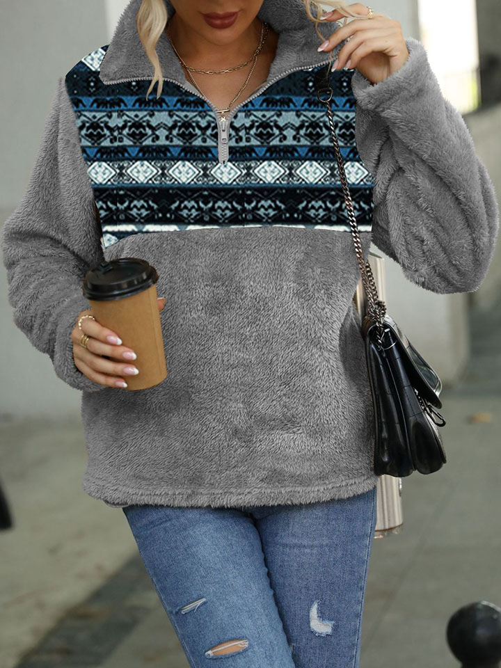 Pullover Colorblock Geometric Print Crew Neck Long Sleeve Plush Sweatshirt-ABOXUN