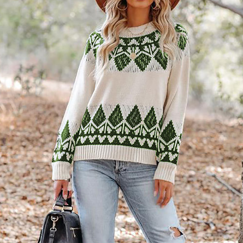 Vintage Jacquard Crew Neck Pullover Sweater-ABOXUN